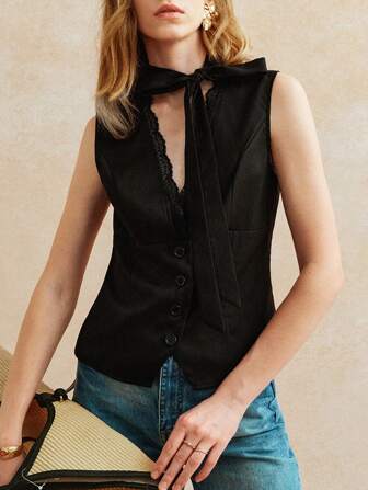 Écloséra 女式春夏法式V领优雅蕾丝无袖复古时尚纽扣装饰西装外套