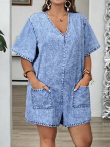 EMERY ROSE Plus Size Women's Washed Pockets V-Neck Denim Romper, Summer Woman Summer Clothes Women Clothes Vacation Women Summer Clothes Country Concert Outfit Boho Beach Vacation Outfits Festival Outfits For Women Hawaii Outfits Women Jumpsuits For Woman Elegant