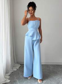 Elenzga Damen Set aus einfarbigem Top mit asymmetrischen Trägern und weiter Hose, 2 Stücke, elegant für den Alltag und Büro - Blau - Übersicht 5