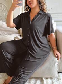 Lazeform 加大码柔软透气纯色纽扣上衣和裤子睡衣套装 - 深灰色 - 查看 7