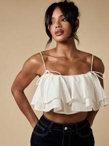 MISSGUIDED Áo ba lỗ xếp nếp nhiều lớp phong cách lễ hội mùa hè Boho buộc vai Áo crop top dây đeo có thể điều chỉnh nhiều lớp tiệc bãi biển - trắng - Xem 7