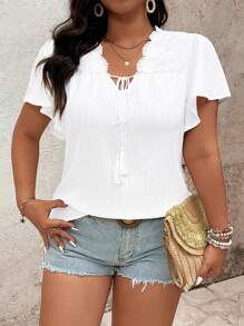 EMERY ROSE Plus Size Women Lace Patchwork Ruffled Sleeve Blouse - White - View 1