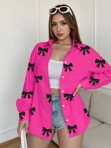 SHEIN Blusa de manga larga con lazo e impresión casual para mujer de talla grande - Multicolor - Ver 1