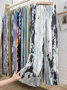 Elenzga Pantalones de pierna ancha con estampado de tie-dye y cintura elástica para mujer de talla grande