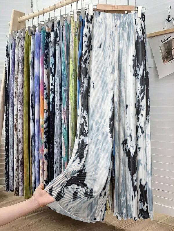 Elenzga Plus Size Women's Elastic Waist Tie-Dye Print Wide Leg Pants