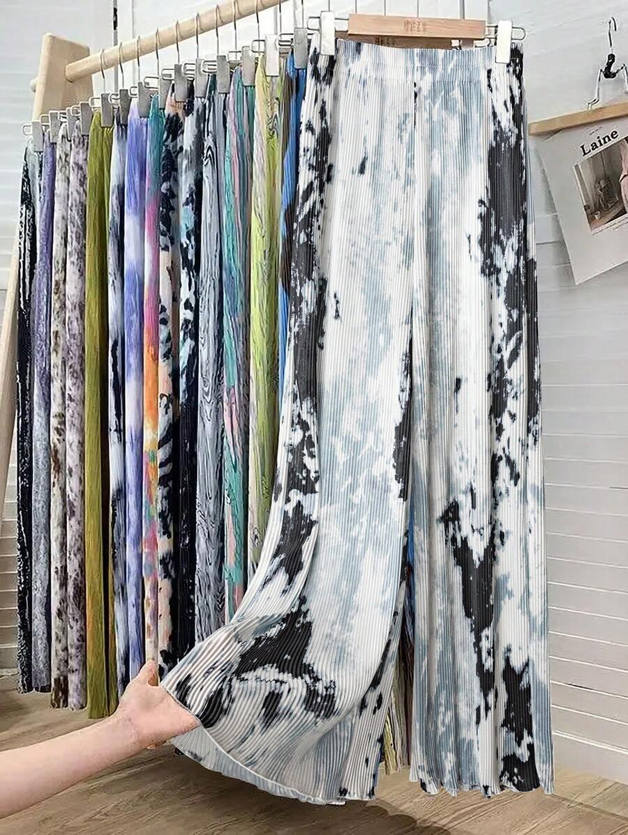 Elenzga Pantalones de pierna ancha con estampado de tie-dye y cintura elástica para mujer de talla grande