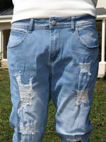 Manfinity Roughcore Jeans décontractés et délavés effilochés pour hommes - Jean clair - Voir 3