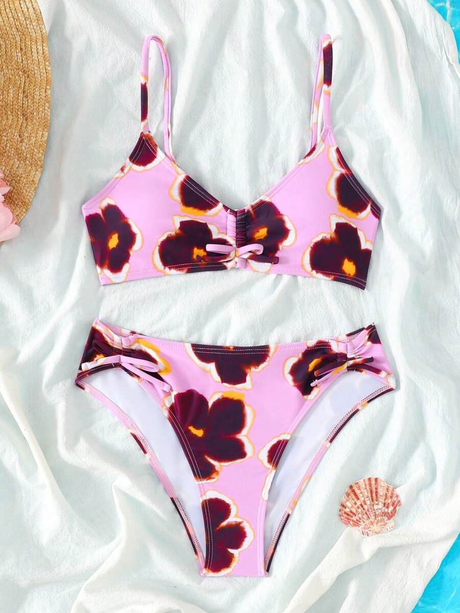 SHEIN 少女碎花比基尼套装,沙滩装,休闲度假,海边旅行 - 粉色 - 查看 1