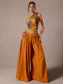 Hauture 性感夏日假期抽象印花扭纹单肩褶饰上衣 - 彩色 - 查看 2