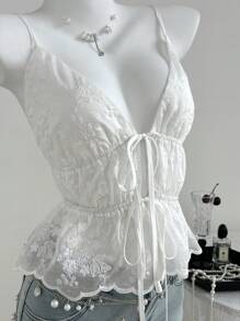 Elamini Eyelet Embroidery Pleat Tie-Up Spaghetti Strap Summer Sexy Vacation Tank Top For Women - White - View 3