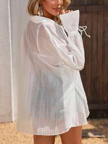 Swim Vcay 女式夏季纯色侧开衩袖口前开式度假和服罩衫 - 白色 - 查看 2