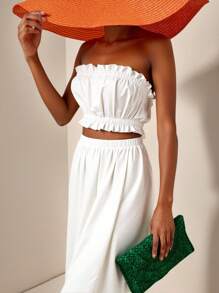 Slaydiva Size Frill Trim Tube Top And Elastic Waist Wide Leg Pants For Summer Leisure