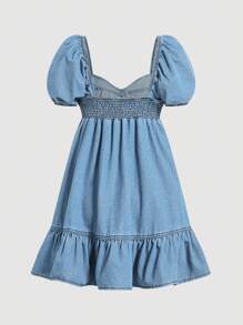 SHEIN MOD Vestido envolvente de mezclilla con mangas abullonadas para mujer, ajuste mini, azul, atuendos de verano para mujer, casual de negocios, elegante, vestido de pascua para mujer, atuendos de vaquera para mujer, atuendo de concierto para mujer, atuendos de rave y festival, atuendo del Día de San Patricio, estilo de dinero viejo para mujer, atuendos de rave, atuendos de Ibiza - Lavado ligero - Ver 2