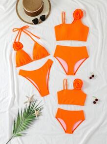 夏季海滩度假橙色纯色特殊面料 3D 花卉性感系带泳衣套装女士 - 橘色 - 查看 1