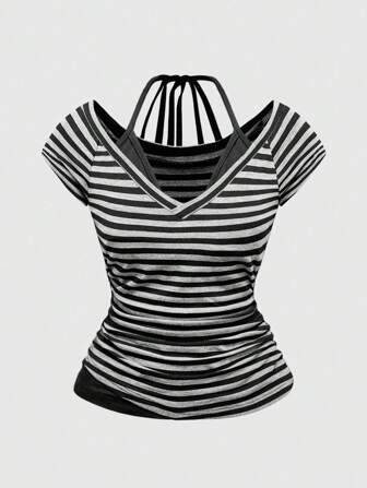 Grunge Punk Y2K Sexy Women Summer , V-Neck Color Block Stripe Sleeveless Tied Bow Crop Top