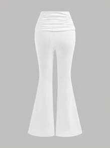 SHEIN Tween Girls Casual Basic Ribbed High Waist Ruched Slim Flared Pants, Back To School - White - View 3