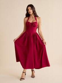 SHEIN Tall 女式纯色褶裥前系带露背中长连衣裙 - 紅色 - 查看 5