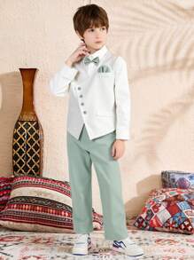 Set de 2 vestă elegantă, la modă, casual, pentru băieți preadolescenti, include vestă albă neregulată + cămașă albă cu mânecă lungă + pantaloni lungi verzi