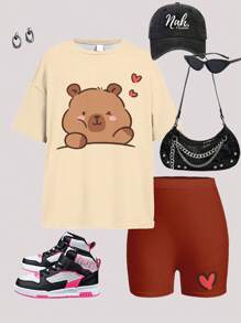 SHEIN Leap Crew 4件套可爱动漫水豚爱心印花、水豚蝴蝶结花卉印花少女休闲宽松短袖T恤和打底裤套装，适合夏季穿着 - 彩色 - 查看 4