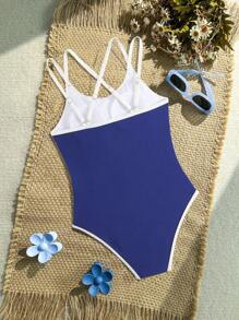 女童连体蓝色纯色交叉肩带可调节泳衣 - 藍色 - 查看 6