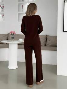 Brown Two Piece Set Women Knit Sweater With High Neck And Sweater Pant Cozy 2pcs Set Co-Ords,Winter Clothes - Chocolate Brown - View 2
