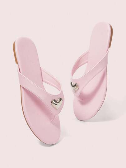 CUCCOO DOLLMOD Women Pink PU Silver Heart Decor Beach Vacation Flat Sandals