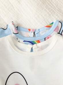 新生儿两件套可爱彩虹兔印花休闲简约荷叶边下摆无袖连体衣家居服男女通用婴儿服猫咪爱心两件套夏季套装返校必备儿童女童夏季服装 - 白色 - 查看 6