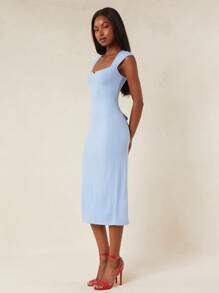 NYA SZN 连衣裙短袖直领修身迷你开衩早午餐日常休闲外出约会婚礼宾客新娘派对度假超长款春夏装女士 - 藍色 - 查看 4