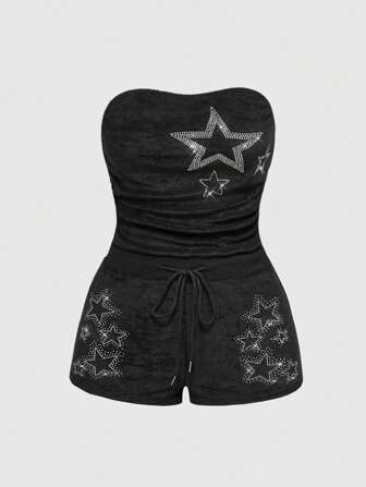 Punk-Stil Sommer Shorts mit Tunnelzug Taille und Kristall Stern Dekor, Damen Jumpsuit
