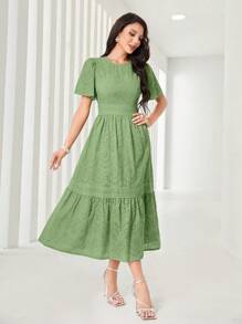 Modelyn 优雅夏季纯色镂空刺绣淡紫色连衣裙长款女装 - 薄荷綠 - 查看 4