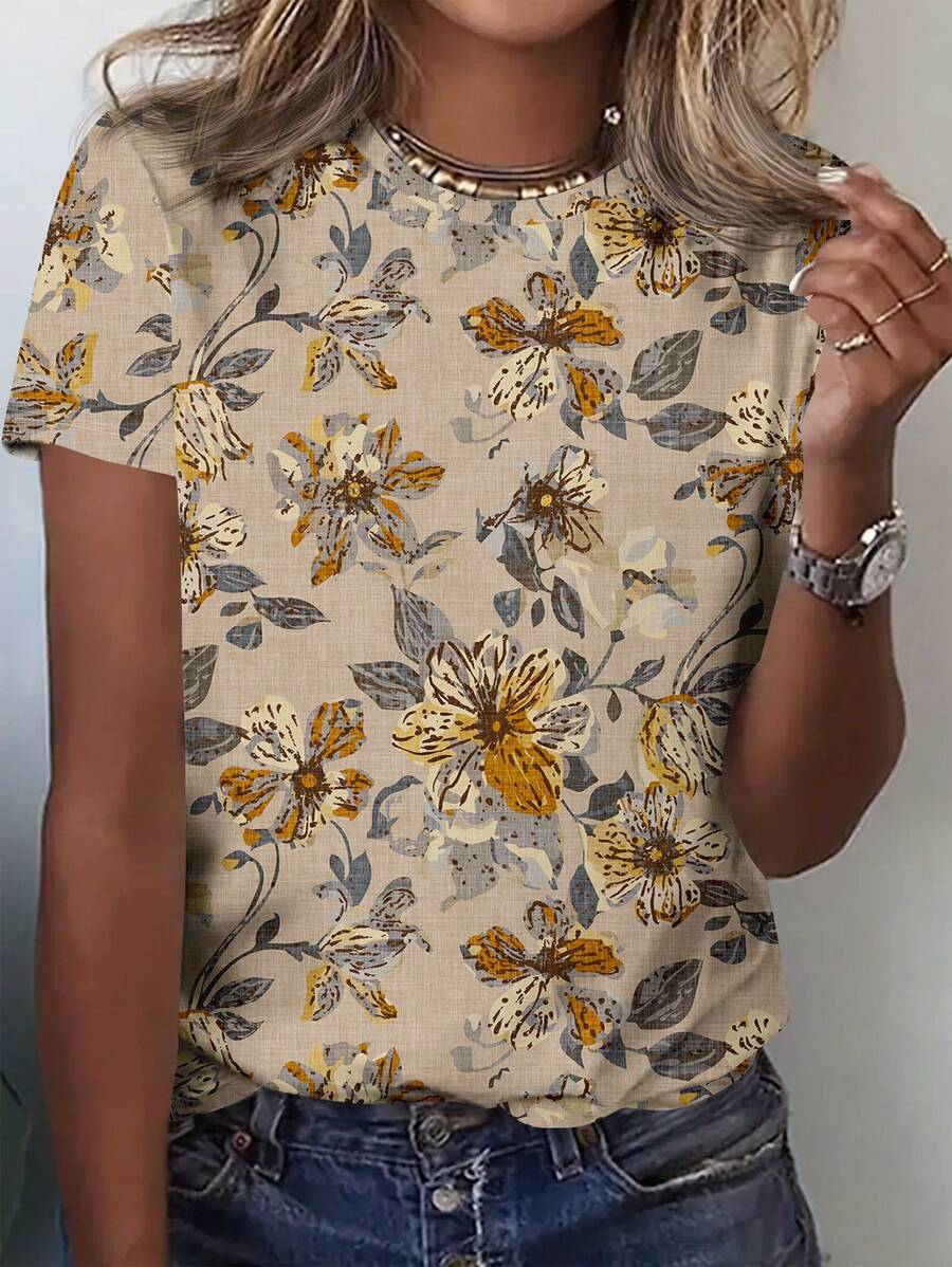 SHEIN Clasi Retro Country Floral Pattern Loose Women T-Shirt Suitable ...