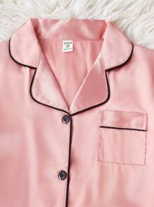 Tween Girls School Girl Style Pajamas Set, Watermelon Pink Simple Fabric Long Pants & Short Sleeve Cardigan Loungewear - Watermelon Pink - View 7