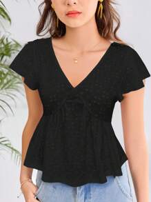 SHEIN T-shirt court à col en V et manches courtes pour adolescentes, essentiel noir, tenue d'été, essentiel de la saison des mariages/Cottagecore/Convient pour l'été/À porter à tout moment/Bohème/Vêtements de style bohème shorts pour l'été/Tenues de vacances à la plage/Vêtements d'été Tenues de vacances