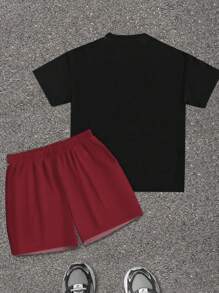 SHEIN Bolty 2pcs Tween Boy Casual Cartoon Graphic Round Neck Short Sleeve T-Shirt & Shorts Set, Summer
