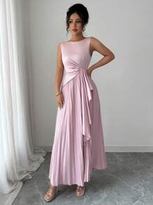 Elenzga Women's Pink Round Neck Sleeveless Ruched Waist Dress