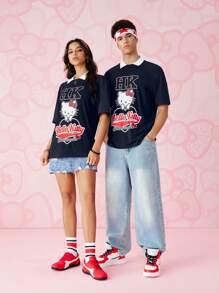 HELLO KITTY AND FRIENDS | SHEIN 1 件夏季休闲卡通字母印花拼色 Polo 领短袖 T 恤，男女通用 - 藏蓝色 - 查看 3