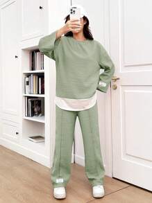 SHEIN 少女绿色、休闲旅行、春夏、假期、返校节、休闲针织拼布、织标、圆领长袖上衣套装、返校 - 綠色 - 查看 3