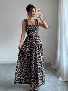 SHEIN Unity Gaun Kasual Wanita Motif Leopard dengan Detail Kerut dan Model Swing - Kopi - View 8