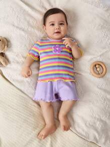 Cozy Pixies 2 pezzi Set neonata con body a maniche corte a costine con motivo a righe colorate e floreale e pantaloncini elasticizzati in vita di colore unito