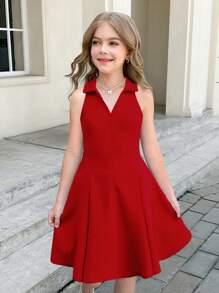 SHEIN Serisse Kids Tween Girls' Solid Color V-Neck Sleeveless Waist-Cinched A-Line Dress - Red - View 1