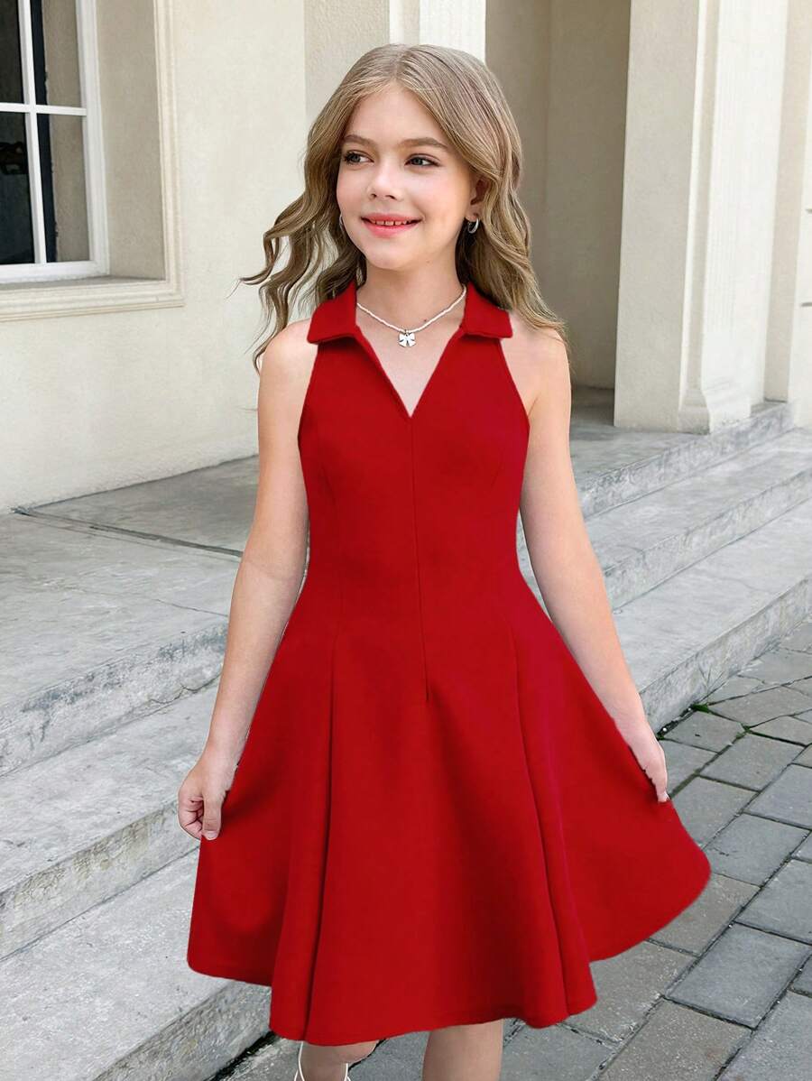 SHEIN Serisse Kids Tween Girls' Solid Color V-Neck Sleeveless Waist-Cinched A-Line Dress - Red - View 1