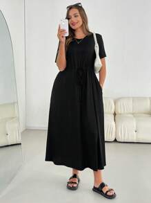 SHEIN Essnce Plus-Size Women's Summer Dress, Short-Sleeved Dress, Black Dress, Casual Women's Clothing Summer Dresses For Women Holiday Dress,Maxi Dress
