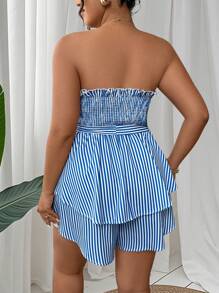 SHEIN Clasi 大码百搭修身条纹印花抹胸连衣裙 - 藍白色 - 查看 2