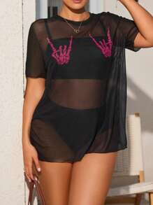 Swim EVENT Set de 3 piese pentru femei, model tankini, cu top din șifon imprimat, mărime plus