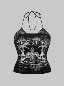 ROMWE 2pcs Set: Retro Cherry Print & Punk Vine Print Splice Lace Mock Neck Plus Size Bodycon Cami Top, Summer Top - Multicolor - View 3