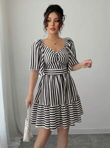 Elenzga Váy midi eo thon giản dị thanh lịch tay ngắn sọc xanh trắng xuân hè mới cho nữ - Đen và trắng - Xem 3