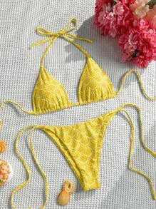 Swim Mod Vacation Beach Patterned Random Print Yellow Bikini Swimwear For Summer - Yellow - View 1