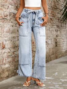 SHEIN Holidaya Women Lace-Up Light Blue Washed Denim Jeans - Blue - View 5