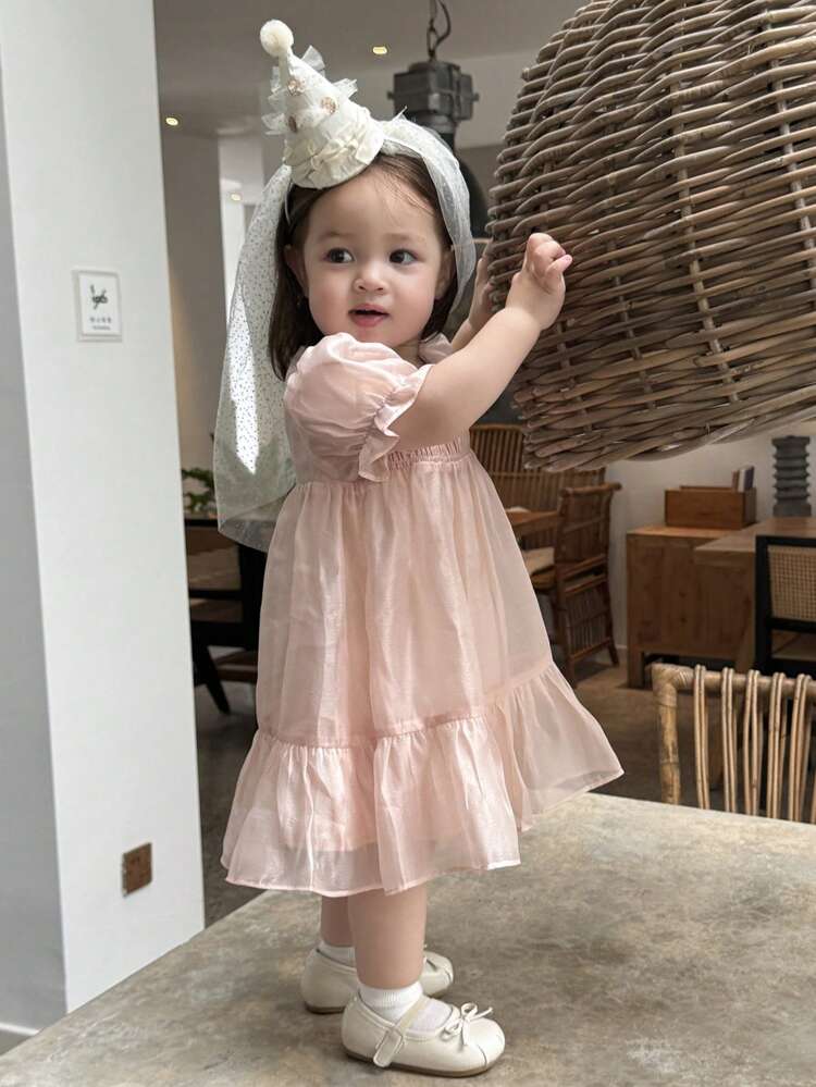 Baby Girl Faux Pearl Decor Ruffle Mesh Hem Birthday Party Short Sleeve Dress Toddler Girls Clothes