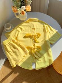 Comfortcana Set de 2 piezas con top corto y shorts en color liso con lazo decorativo y espalda descubierta para mujer - Amarillo - Ver 3